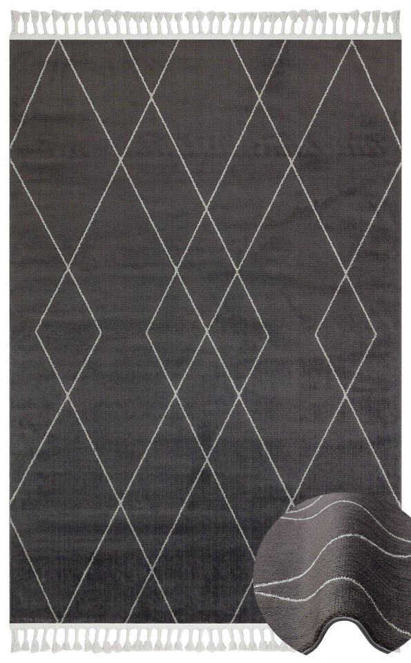 URB 02 BLACK GREY Etnik Desenlere Sahip Hav Toz Vermez Yumuşak Dokulu Modern Halı
