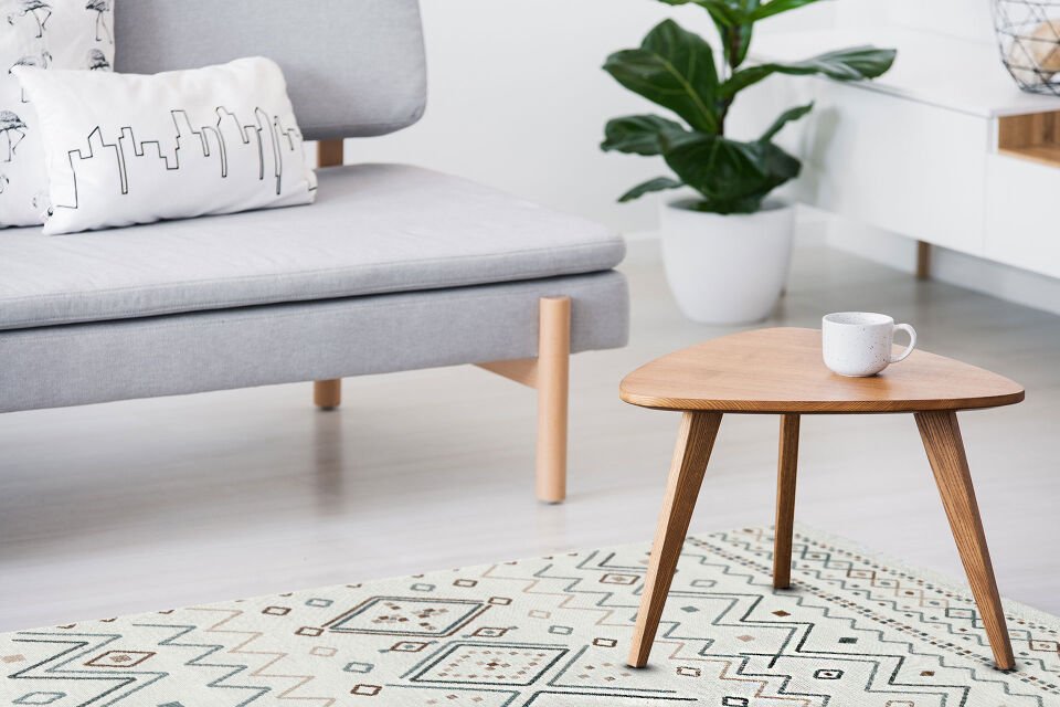 AR 05 BEIGE BLUE Yıkanabilir Çift Taraflı Modern Desenli Dokuma Kilim