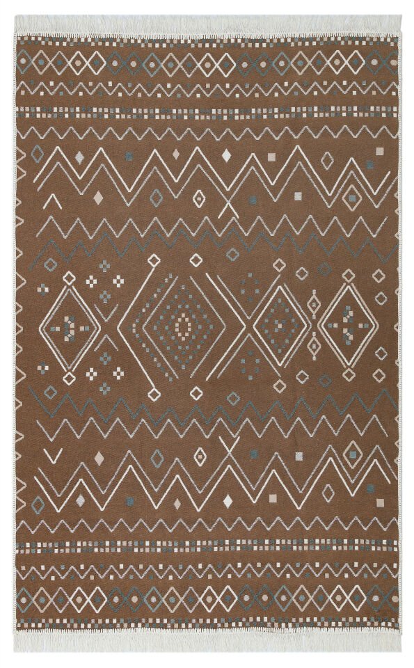 AR 05 BEIGE BLUE Yıkanabilir Çift Taraflı Modern Desenli Dokuma Kilim