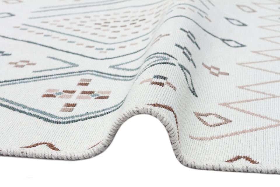 AR 05 BEIGE BLUE Yıkanabilir Çift Taraflı Modern Desenli Dokuma Kilim