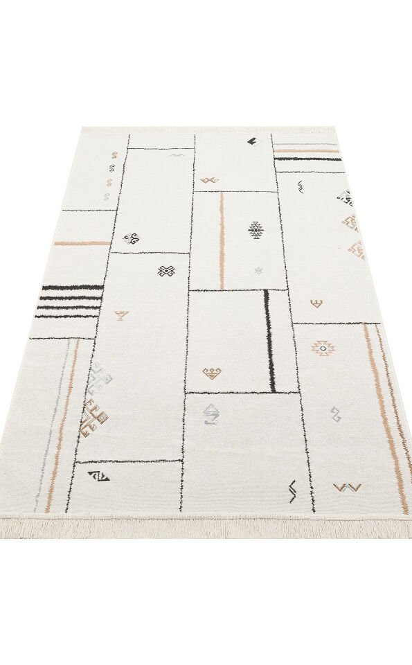 AR 41 CREAM BLACK Yıkanabilir Çift Taraflı Modern Desenli Dokuma Kilim