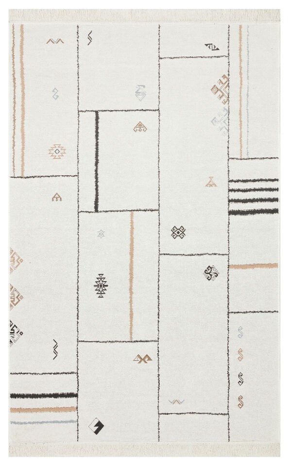 AR 41 CREAM BLACK Yıkanabilir Çift Taraflı Modern Desenli Dokuma Kilim