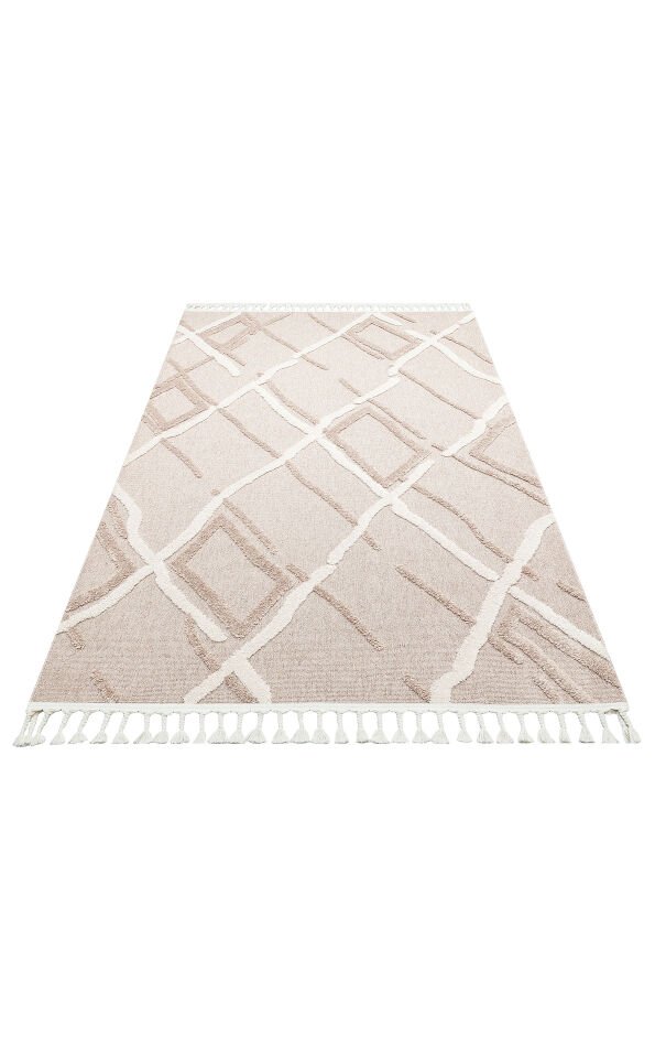 TRZ 03 BEIGE WHITE Hav Toz Vermez Yumuşak Dokulu Etnik Örgü Desenlere Sahip Modern İskindinav Halı